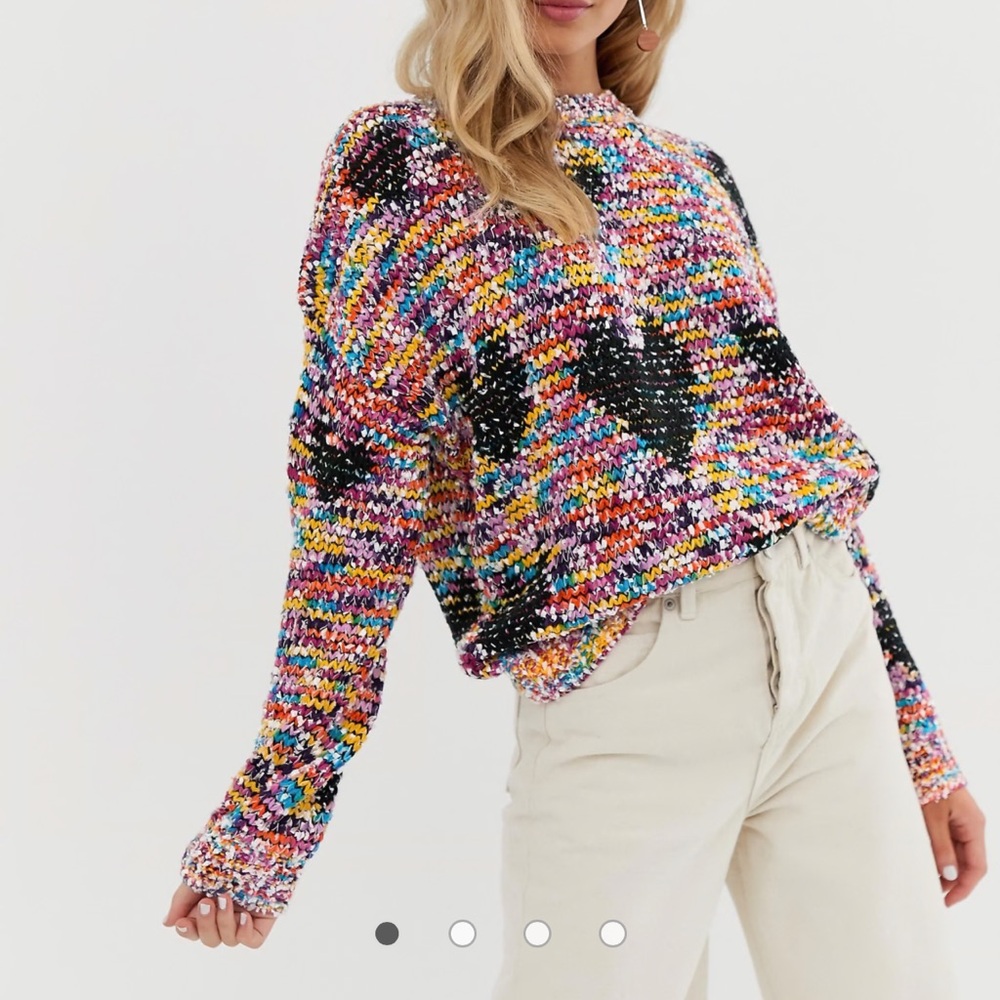 Colorful space-dye knitted pattern sweater